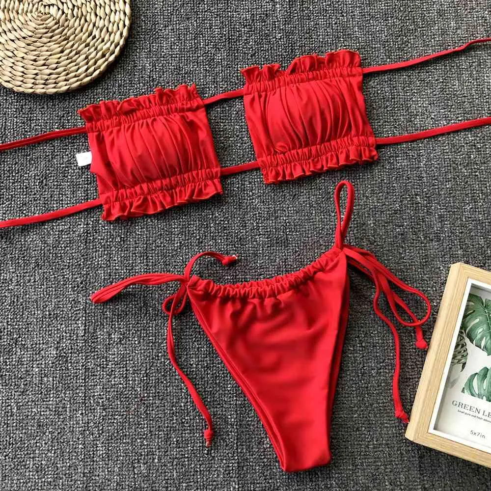 Ruched Bikini Set with Frill Trim