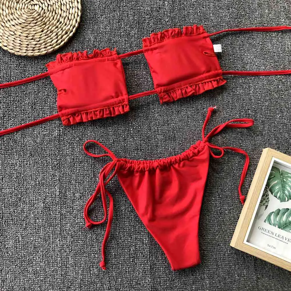 Ruched Bikini Set with Frill Trim