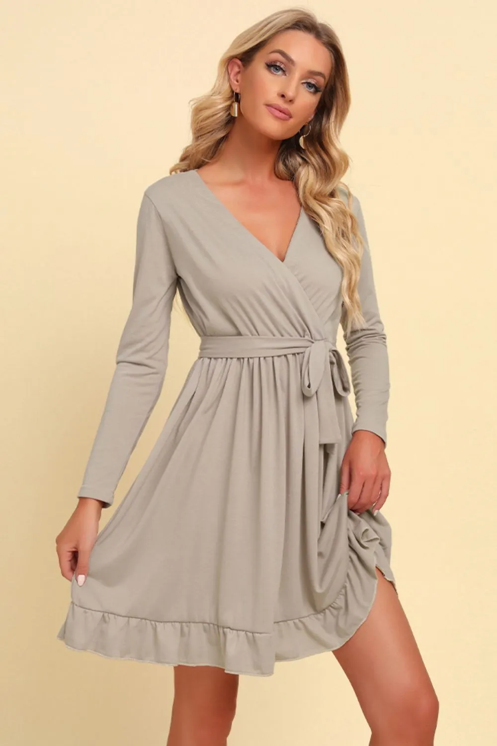 Long-Sleeve Ruffle Hem Dress with Waist Tie