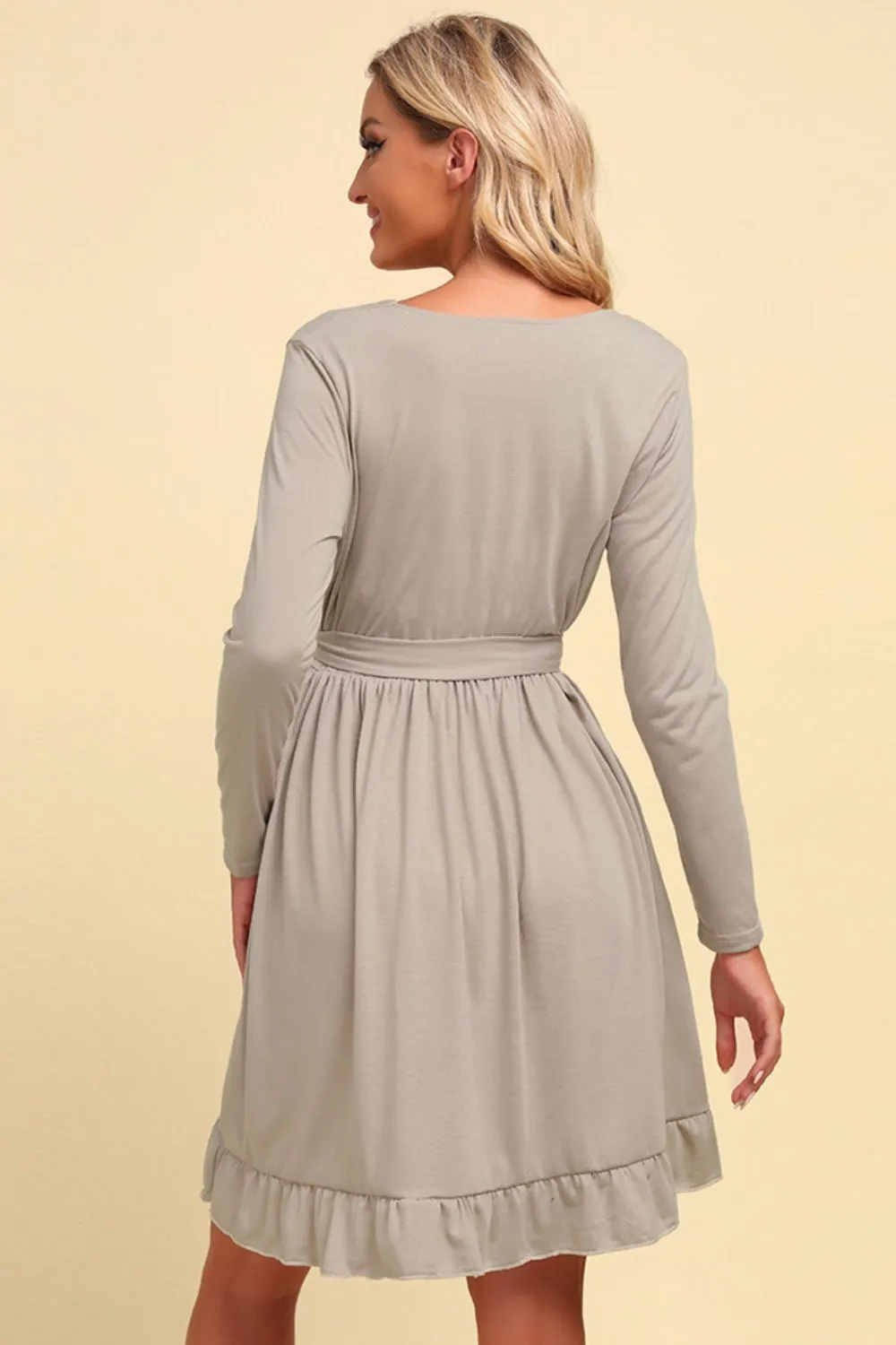 Long-Sleeve Ruffle Hem Dress with Waist Tie