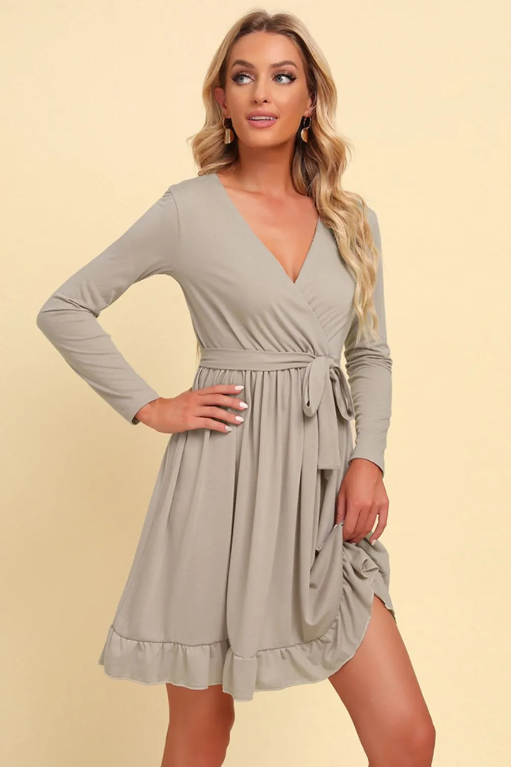 Long-Sleeve Ruffle Hem Dress with Waist Tie