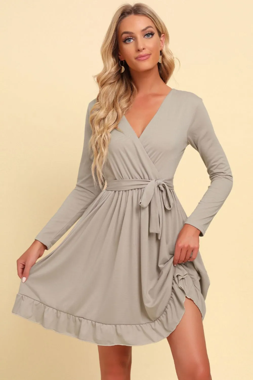 Long-Sleeve Ruffle Hem Dress with Waist Tie