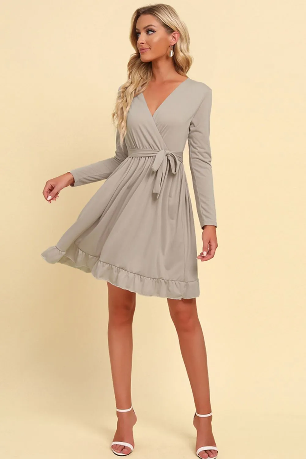 Long-Sleeve Ruffle Hem Dress with Waist Tie