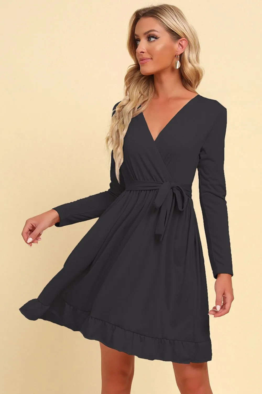 Long-Sleeve Ruffle Hem Dress with Waist Tie