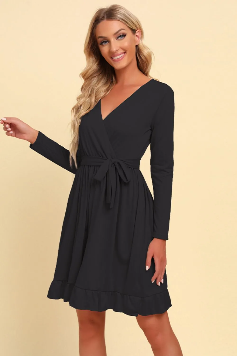 Long-Sleeve Ruffle Hem Dress with Waist Tie