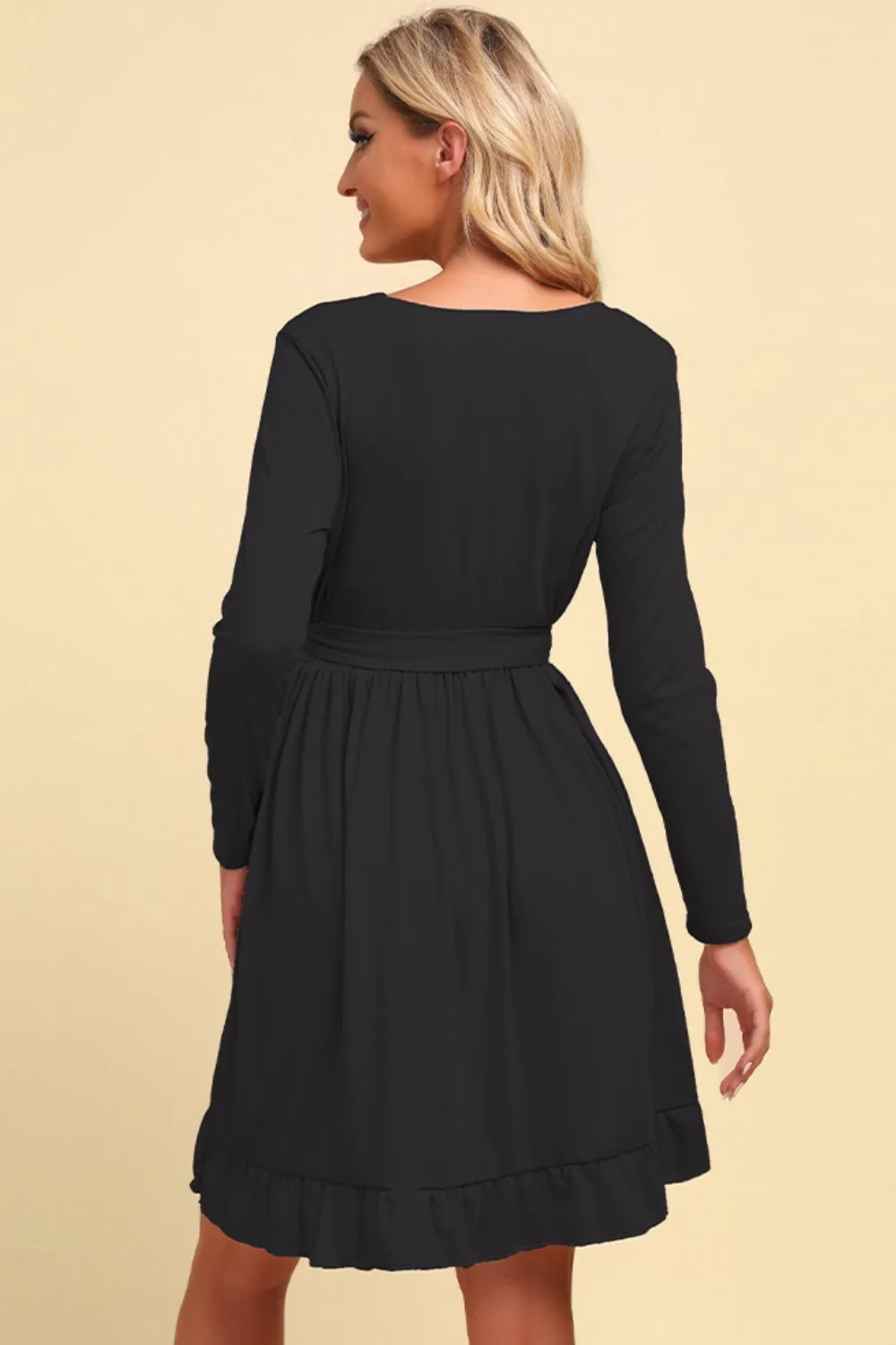 Long-Sleeve Ruffle Hem Dress with Waist Tie