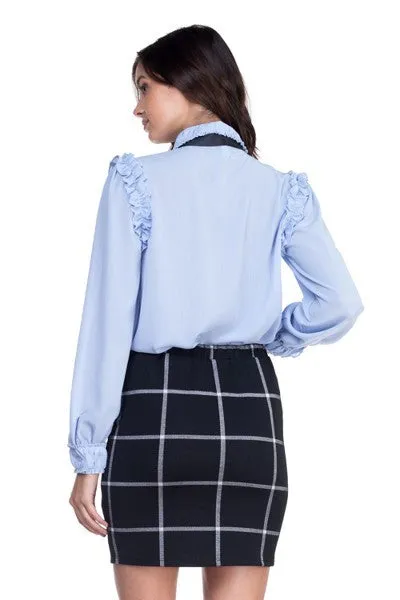 Blue Bow Tie Ruffle Blouse