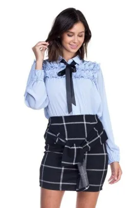 Blue Bow Tie Ruffle Blouse