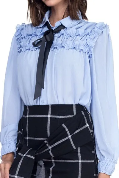 Blue Bow Tie Ruffle Blouse