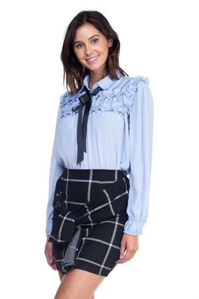 Blue Bow Tie Ruffle Blouse