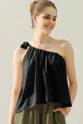 Black Satin Silk Top with One Shoulder Bow Tie Strap by Ninexis