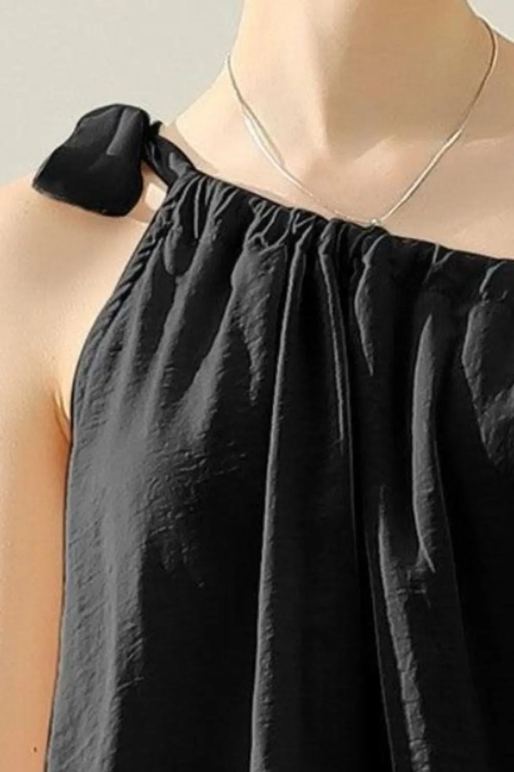 Black Satin Silk Top with One Shoulder Bow Tie Strap by Ninexis