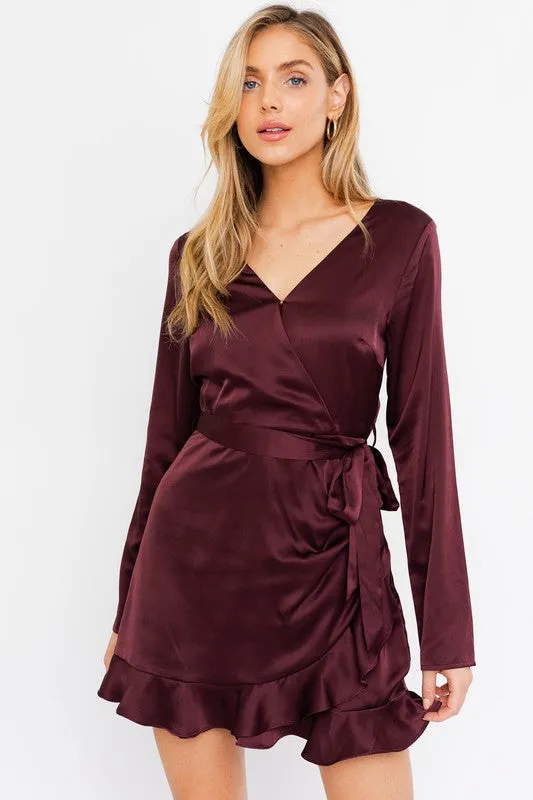 Satin Wrap Dress with Waist Tie