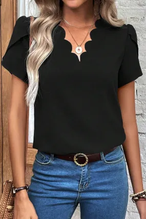 V-Neck Top with Scalloped Detail