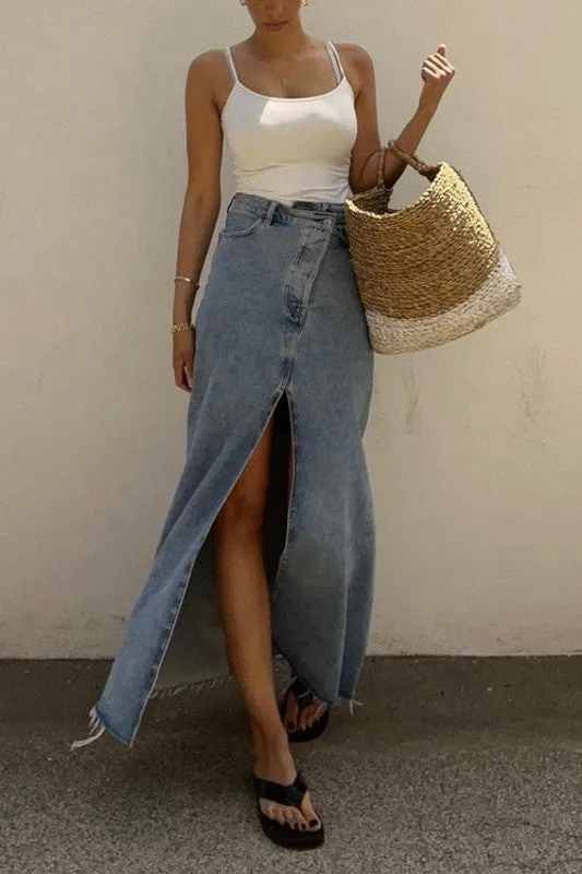 High Waisted Denim Maxi Skirt With Slit