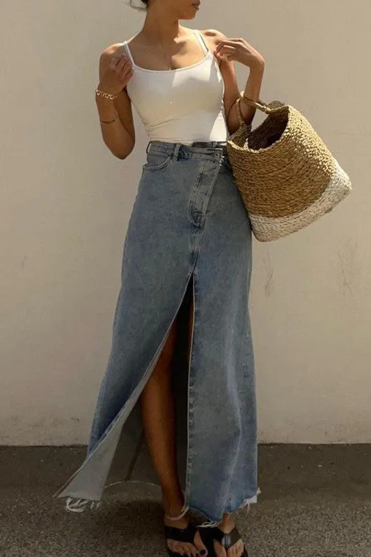 High Waisted Denim Maxi Skirt With Slit