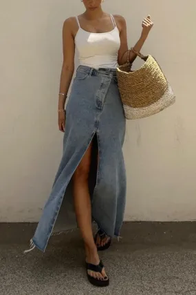 High Waisted Denim Maxi Skirt With Slit