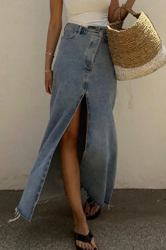 High Waisted Denim Maxi Skirt With Slit