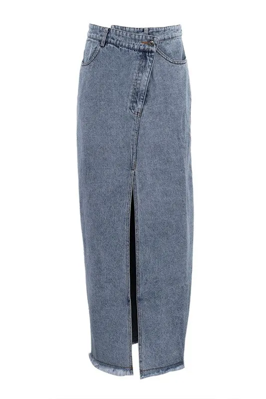 High Waisted Denim Maxi Skirt With Slit