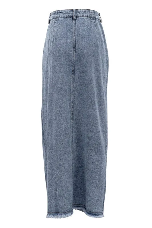 High Waisted Denim Maxi Skirt With Slit