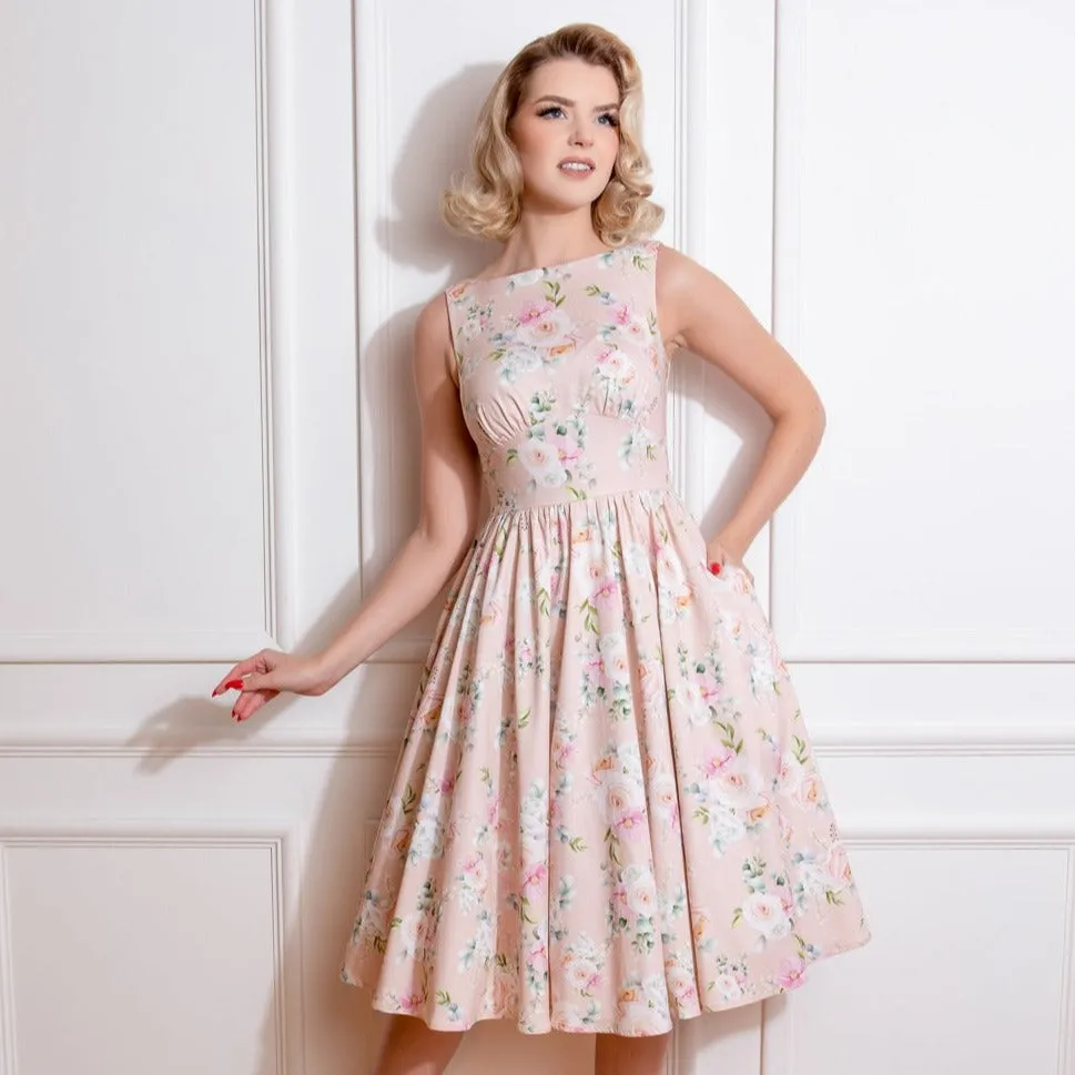 Soft Pink Coral Floral Audrey 50s Swing Dress