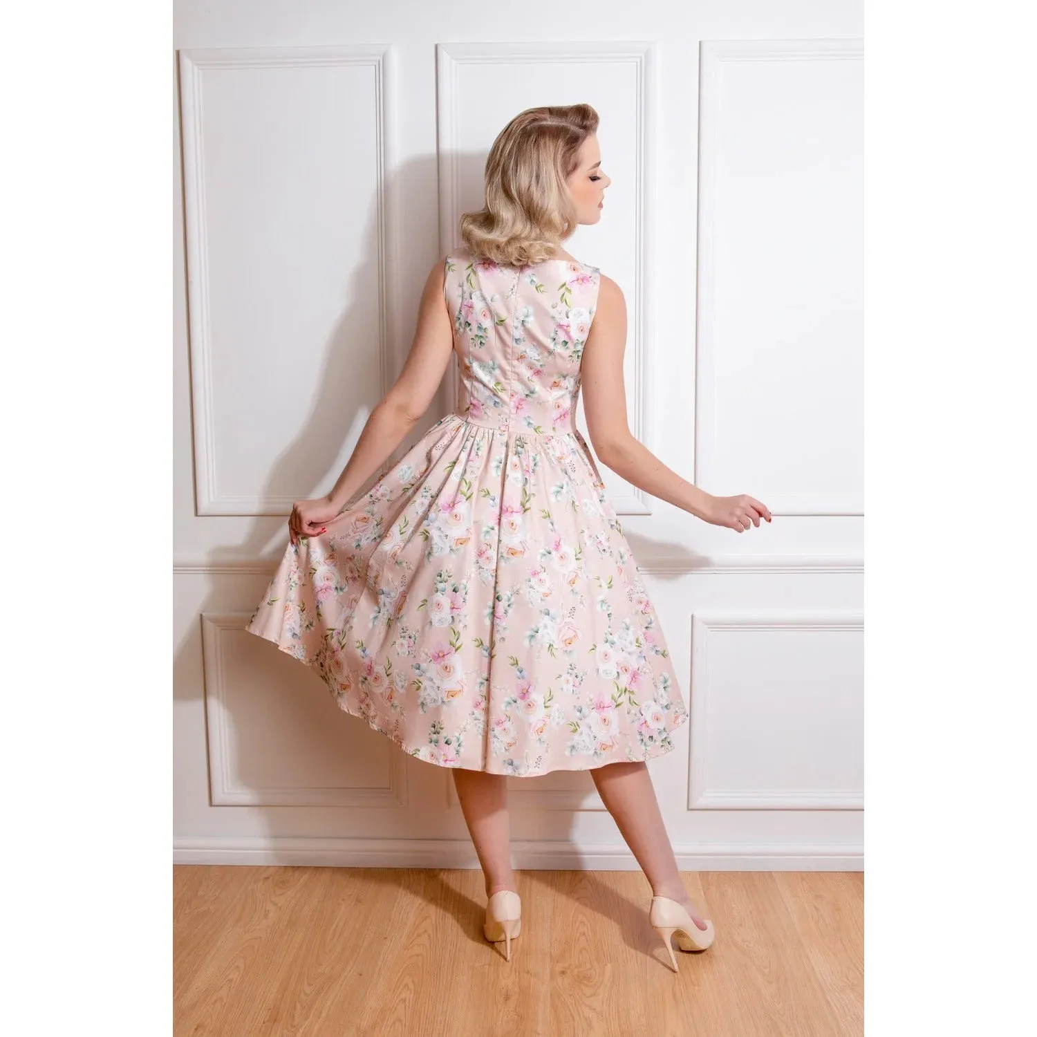 Soft Pink Coral Floral Audrey 50s Swing Dress