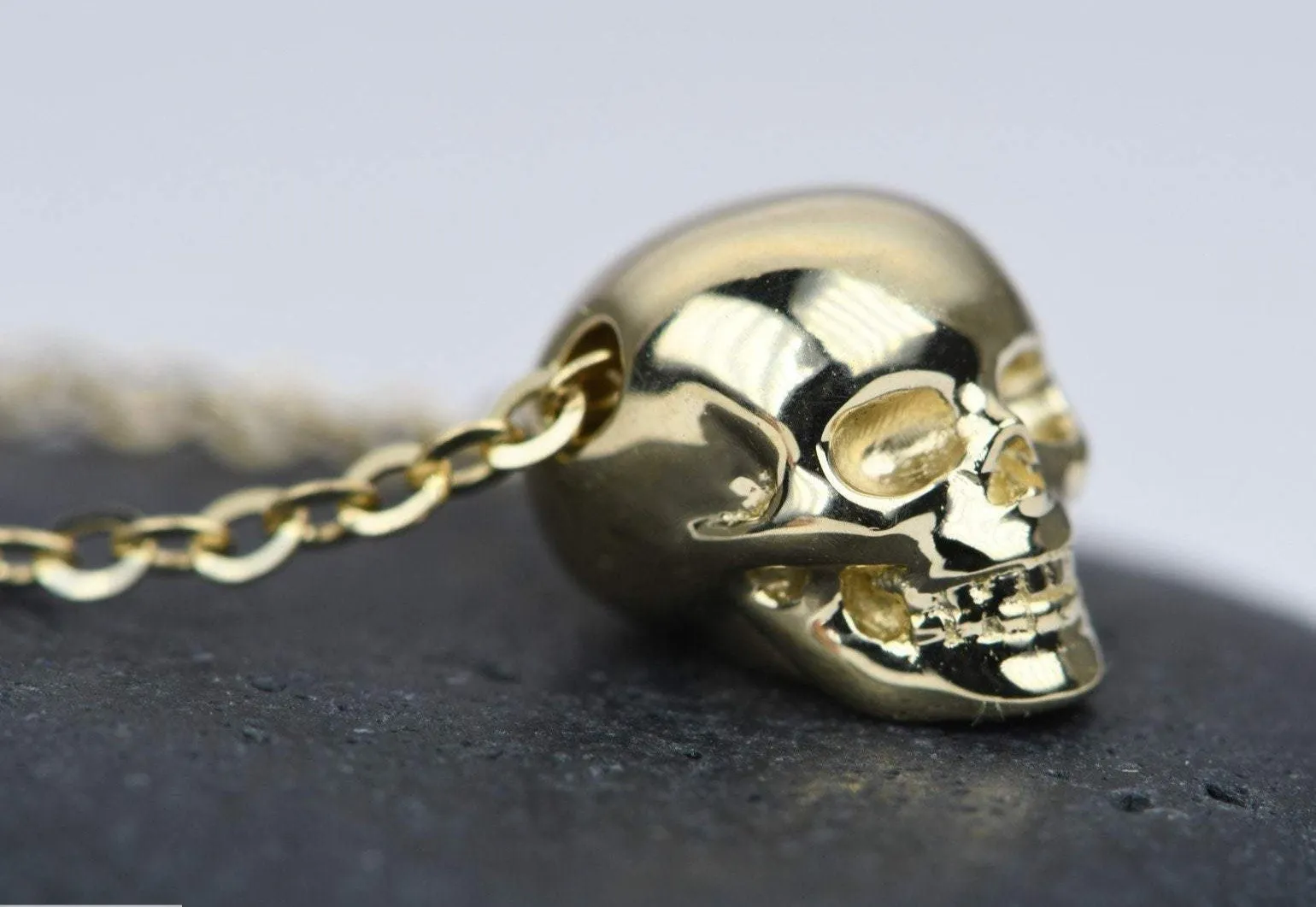 Solid 14K Gold Memento Mori Skull Skeleton Necklace Pendant