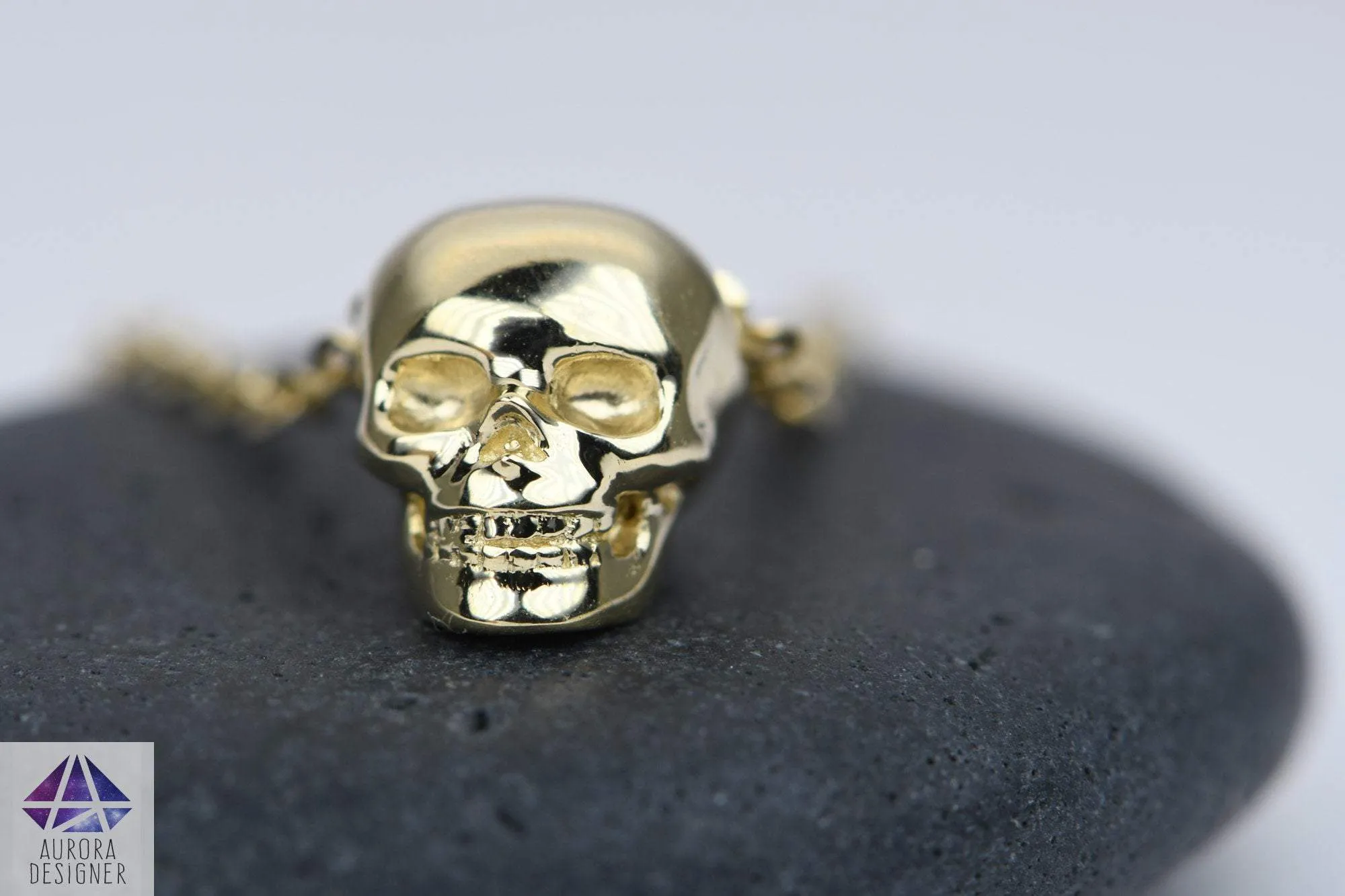 Solid 14K Gold Memento Mori Skull Skeleton Necklace Pendant