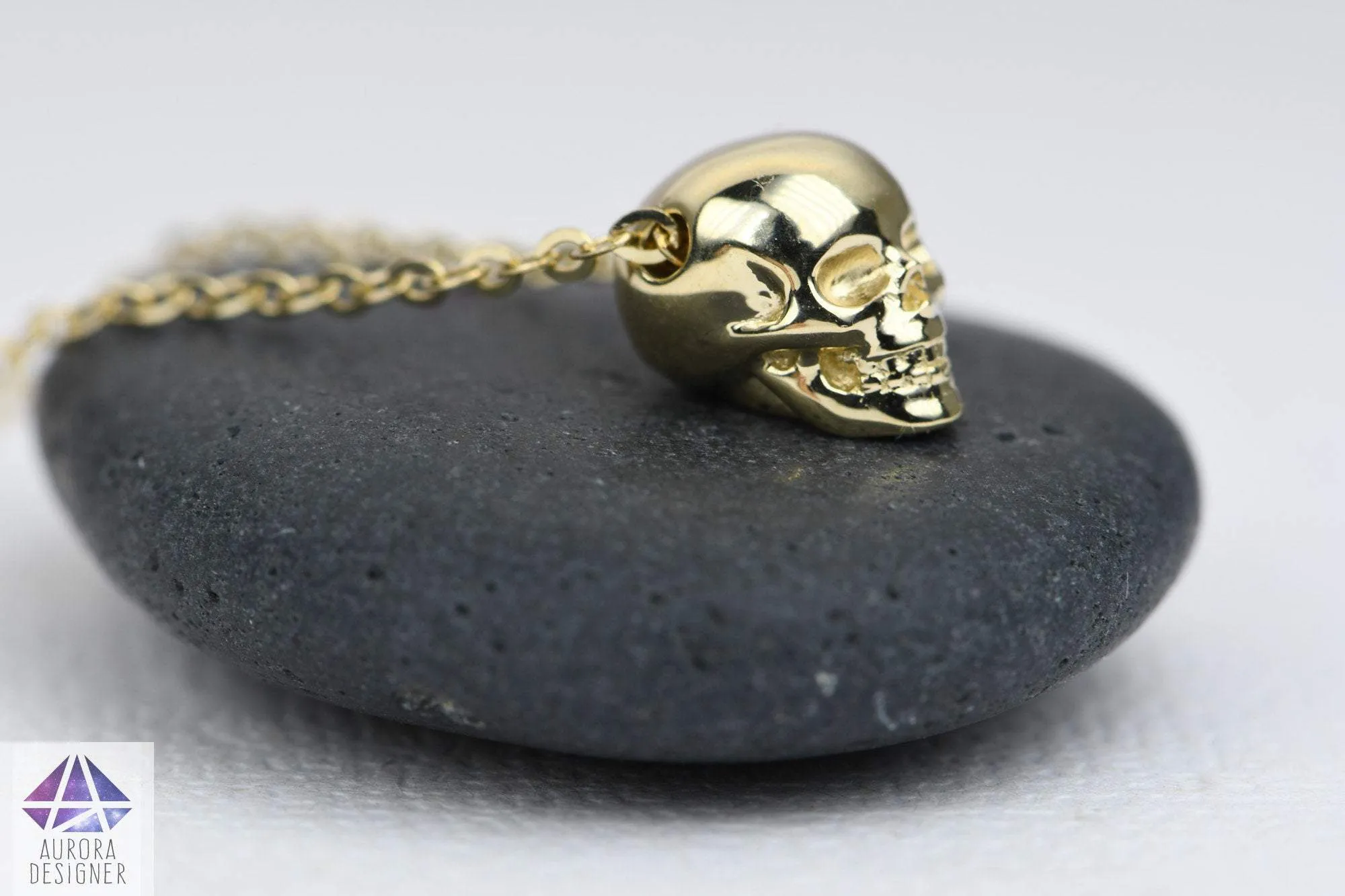 Solid 14K Gold Memento Mori Skull Skeleton Necklace Pendant