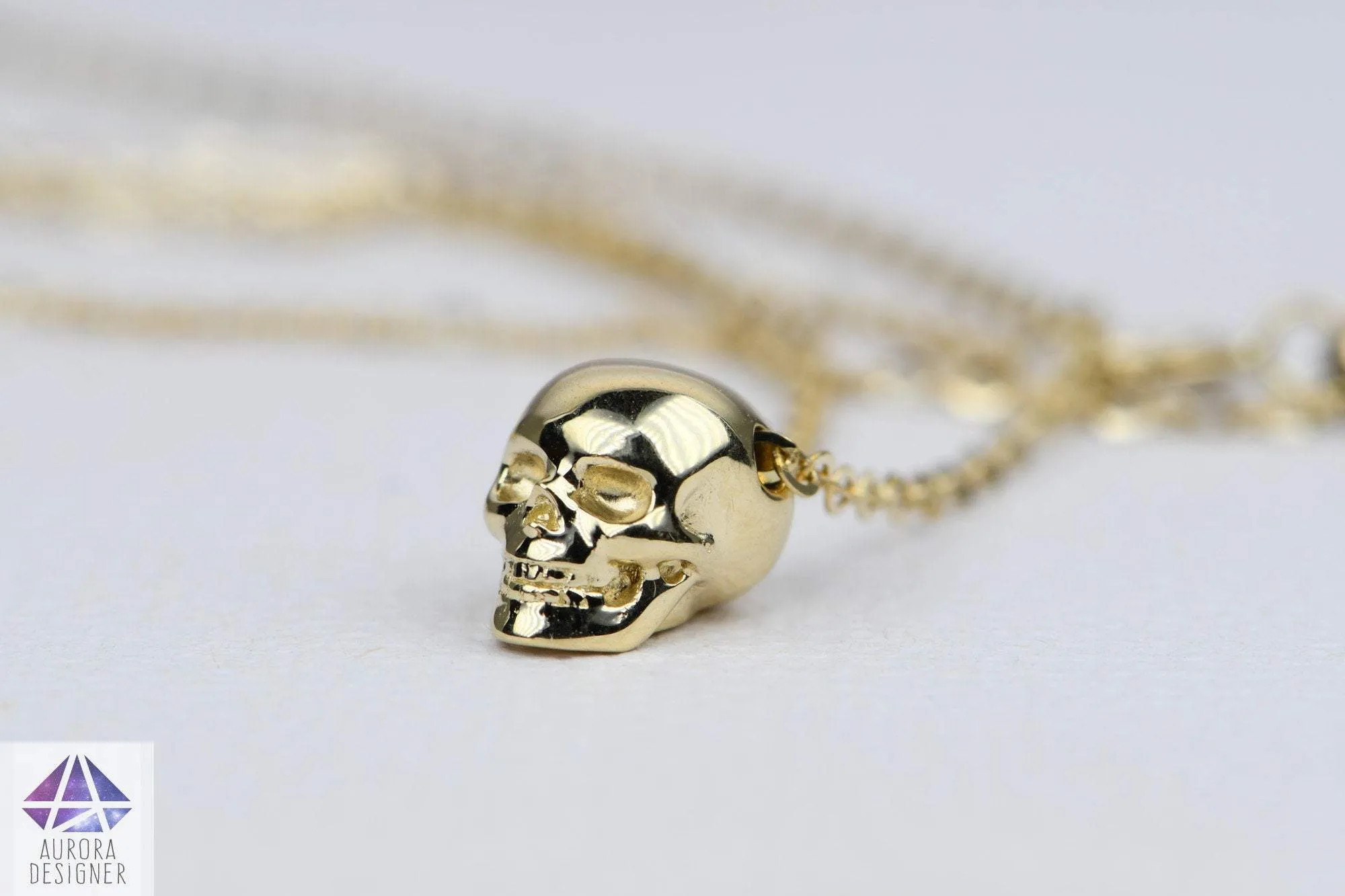 Solid 14K Gold Memento Mori Skull Skeleton Necklace Pendant