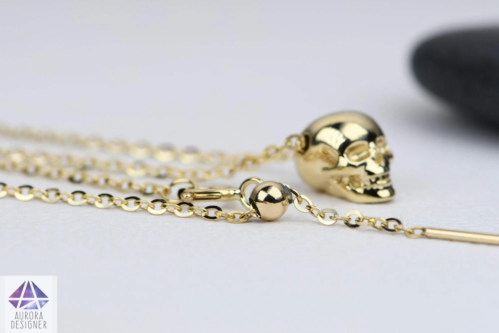 Solid 14K Gold Memento Mori Skull Skeleton Necklace Pendant