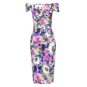 Purple Floral Bardot Wiggle Pencil Dress