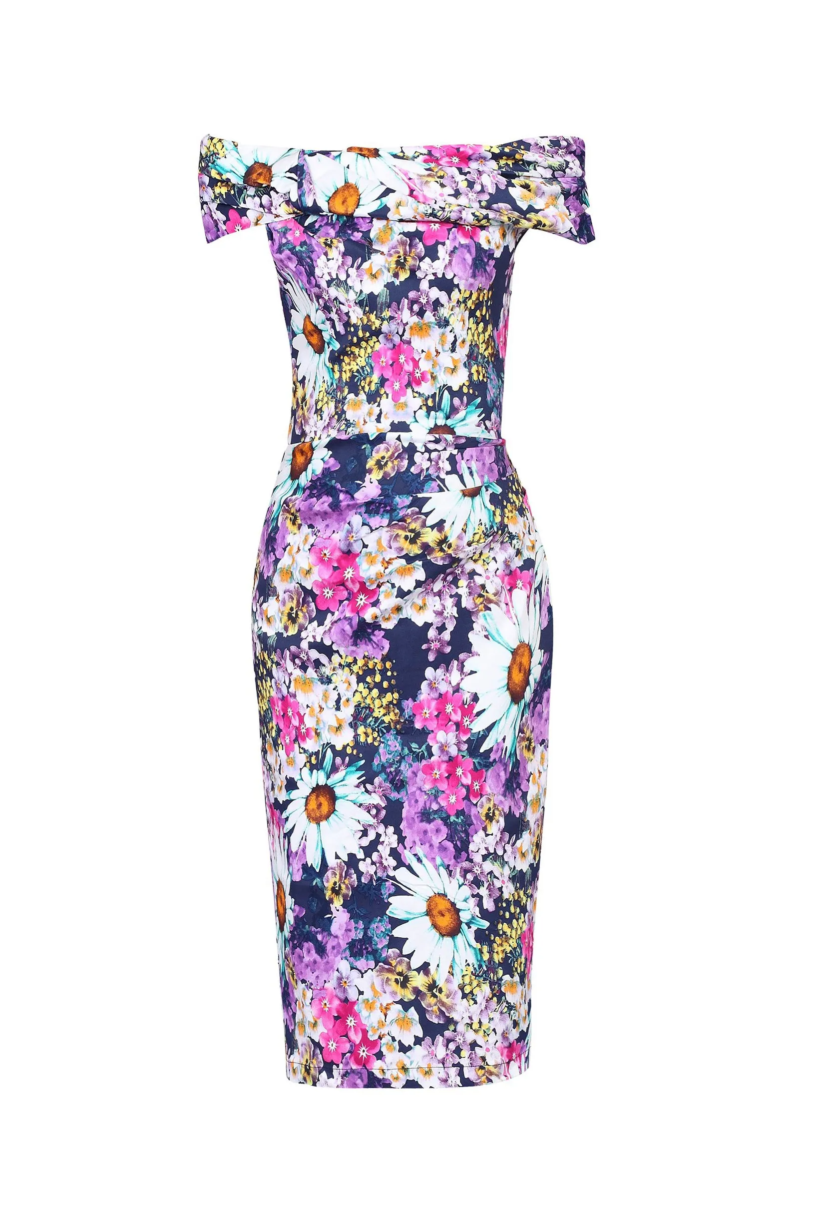 Purple Floral Bardot Wiggle Pencil Dress