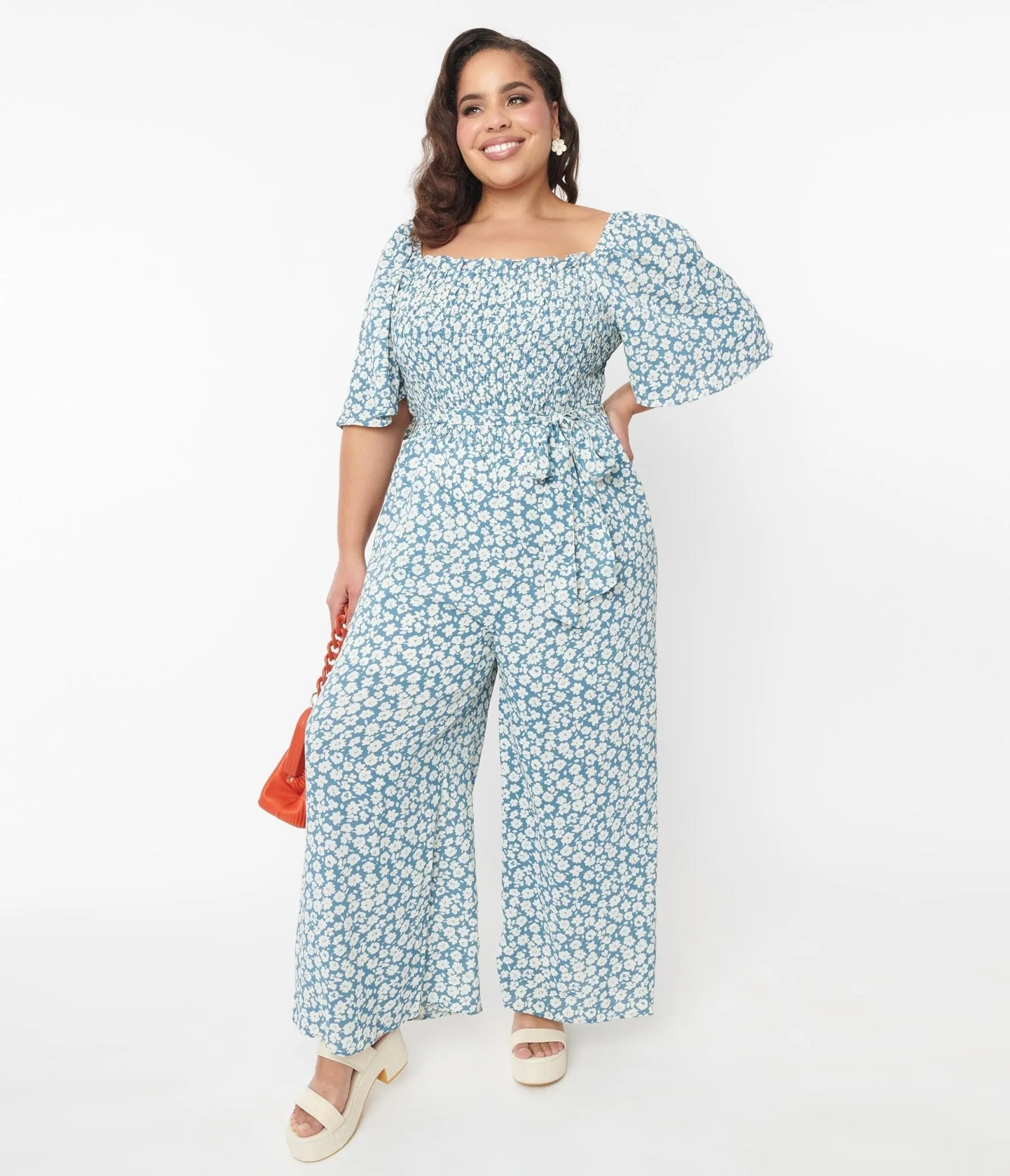 Palazzo Jumpsuit with Teal Floral Design