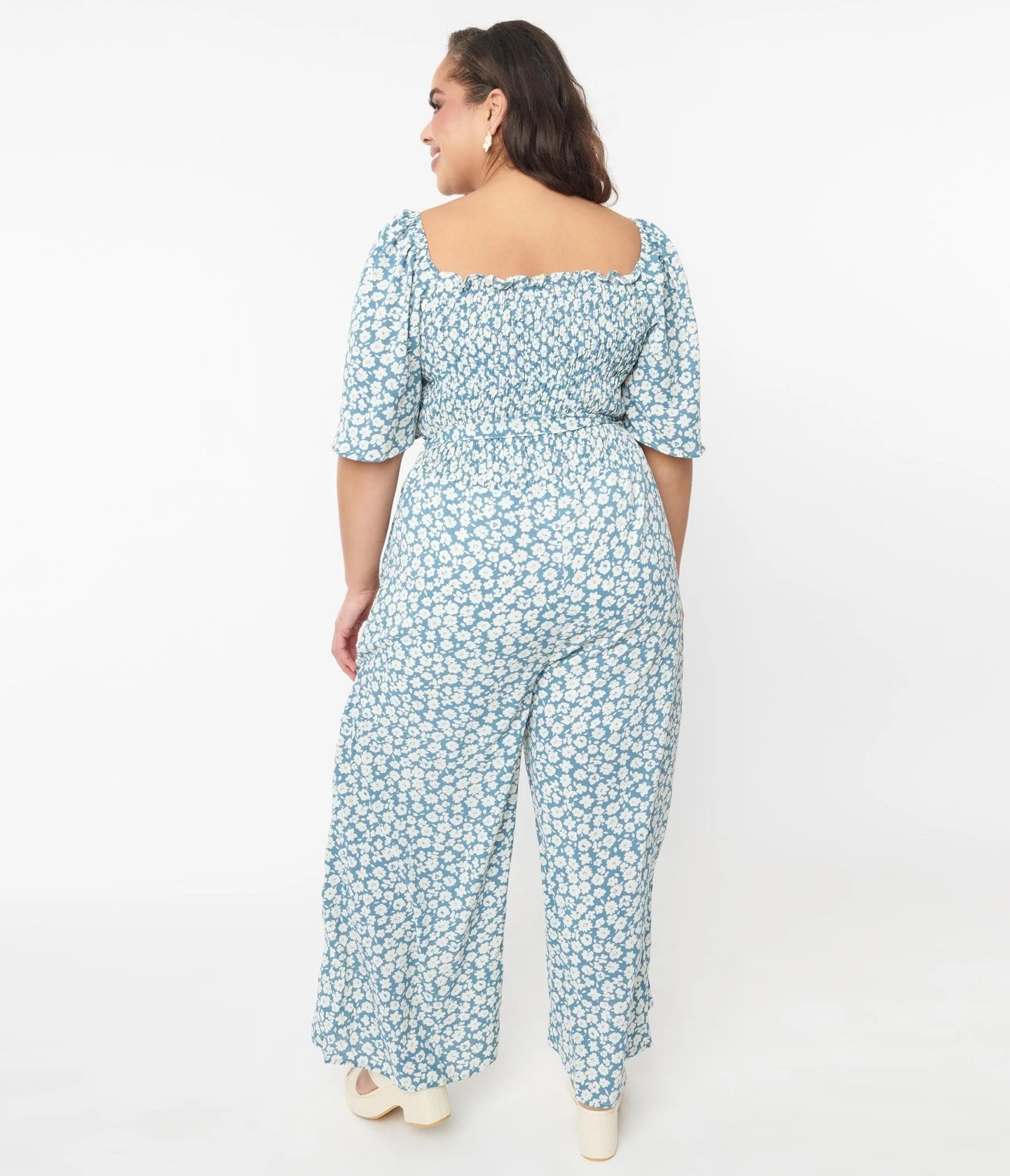 Palazzo Jumpsuit with Teal Floral Design