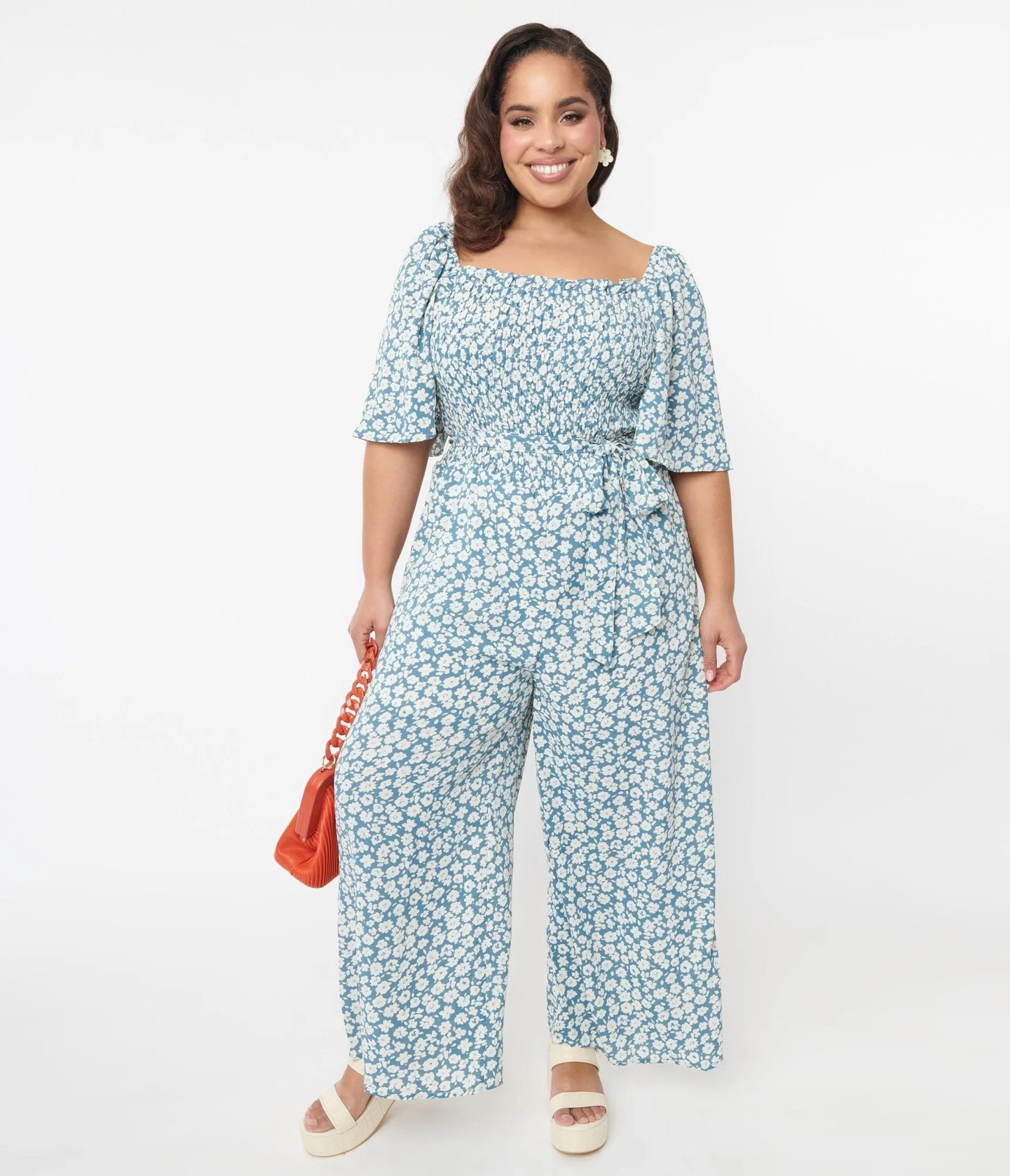 Palazzo Jumpsuit with Teal Floral Design