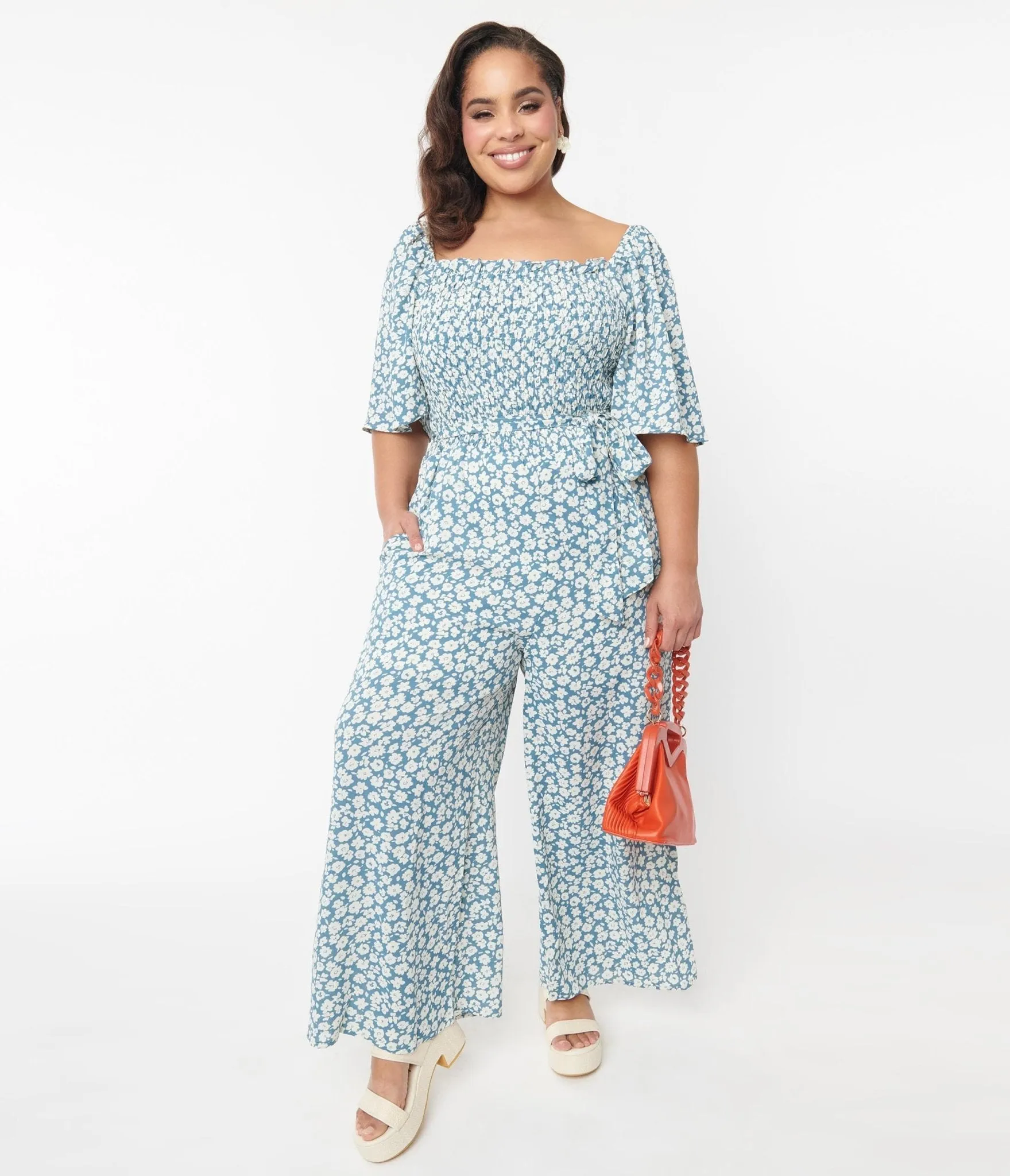 Palazzo Jumpsuit with Teal Floral Design