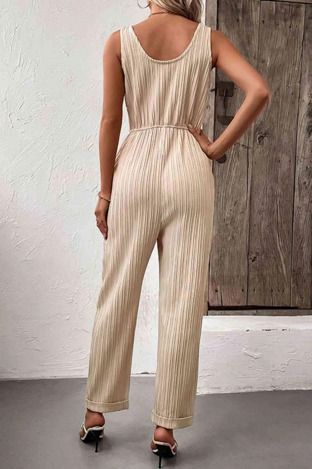 Textured Jumpsuit with Pockets - Sleeveless