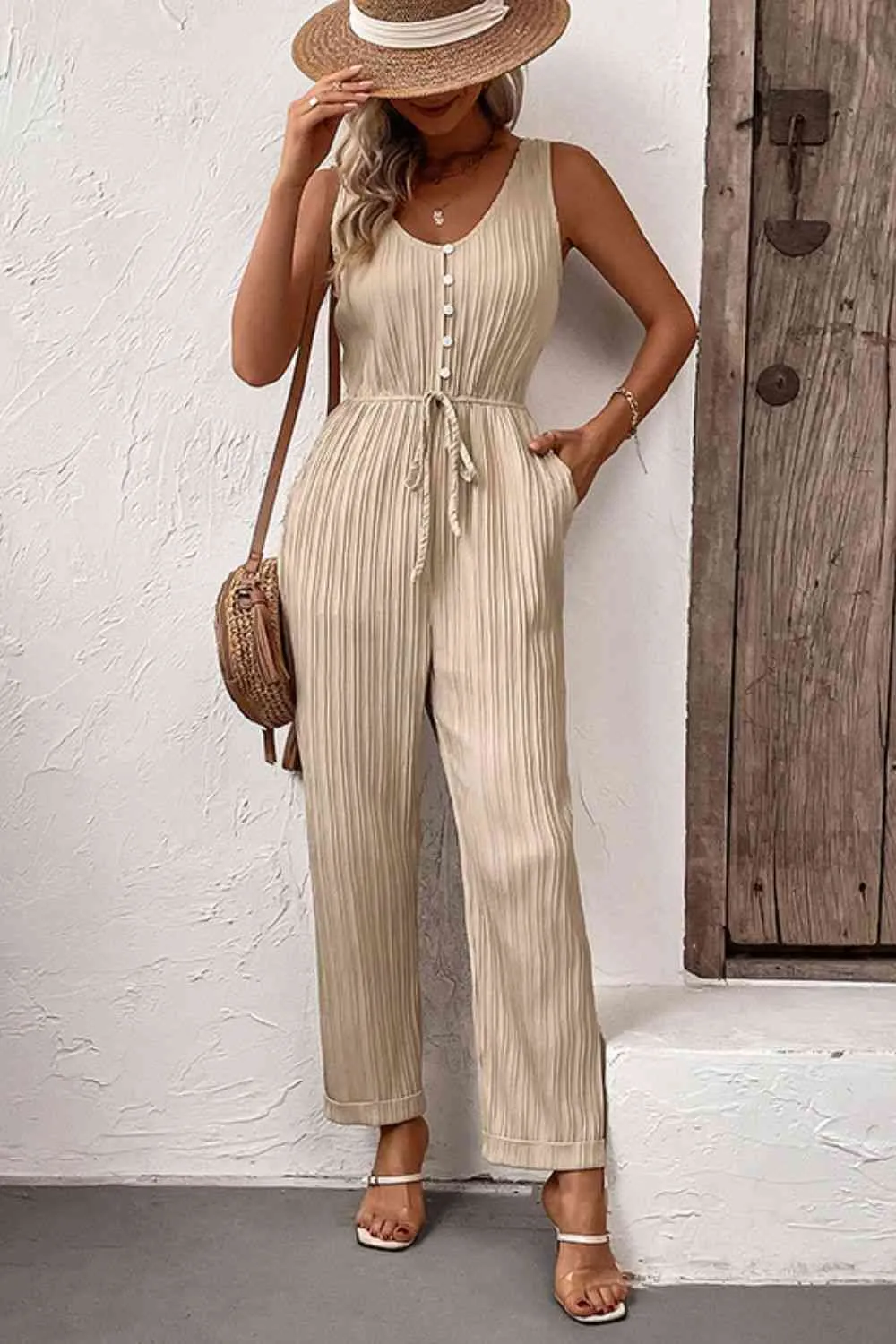 Textured Jumpsuit with Pockets - Sleeveless