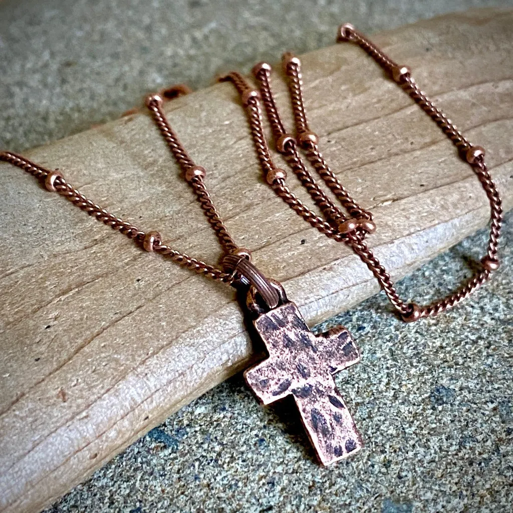 Tiny Hammered Copper Cross Necklace Satellite Chain