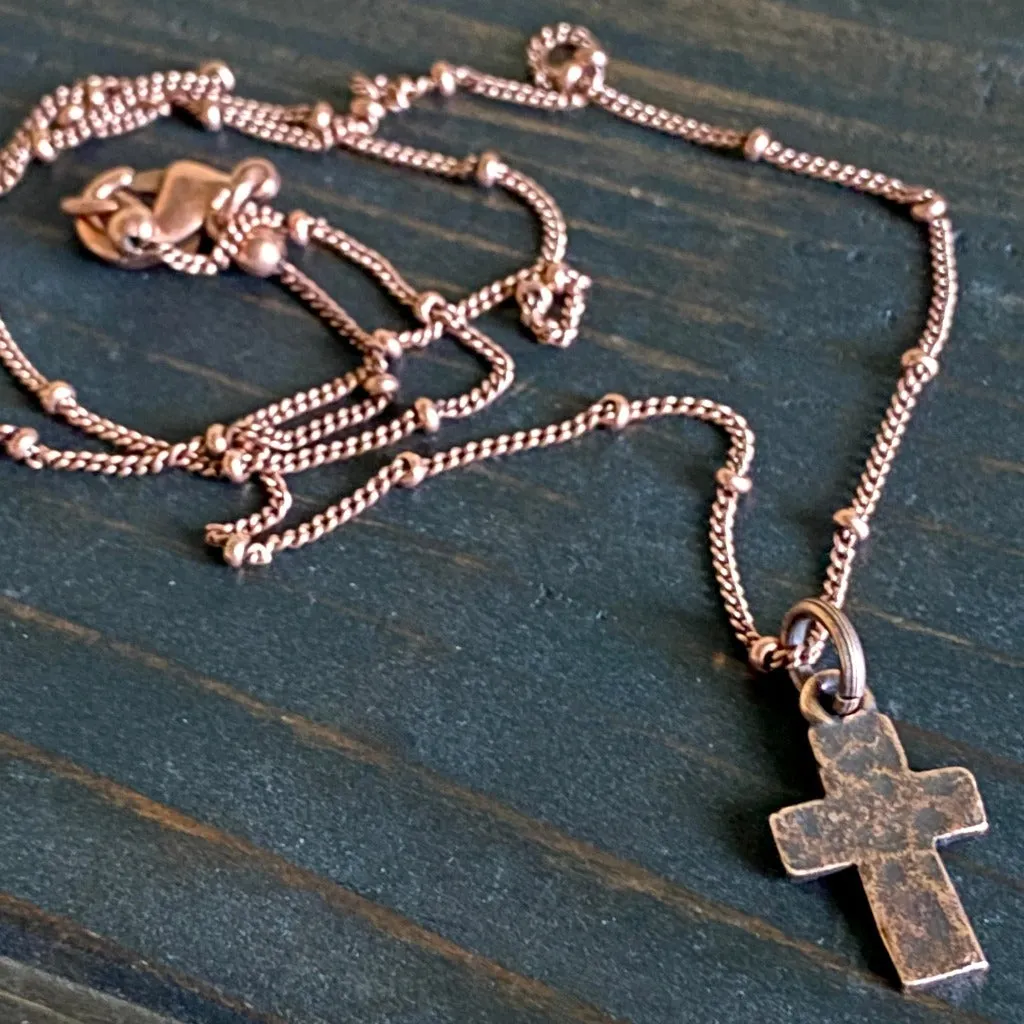 Tiny Hammered Copper Cross Necklace Satellite Chain