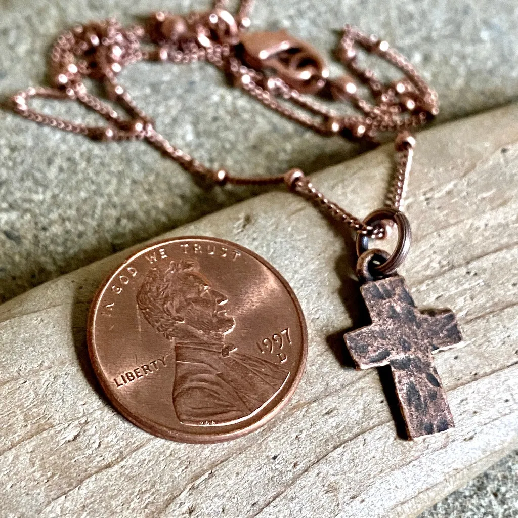 Tiny Hammered Copper Cross Necklace Satellite Chain