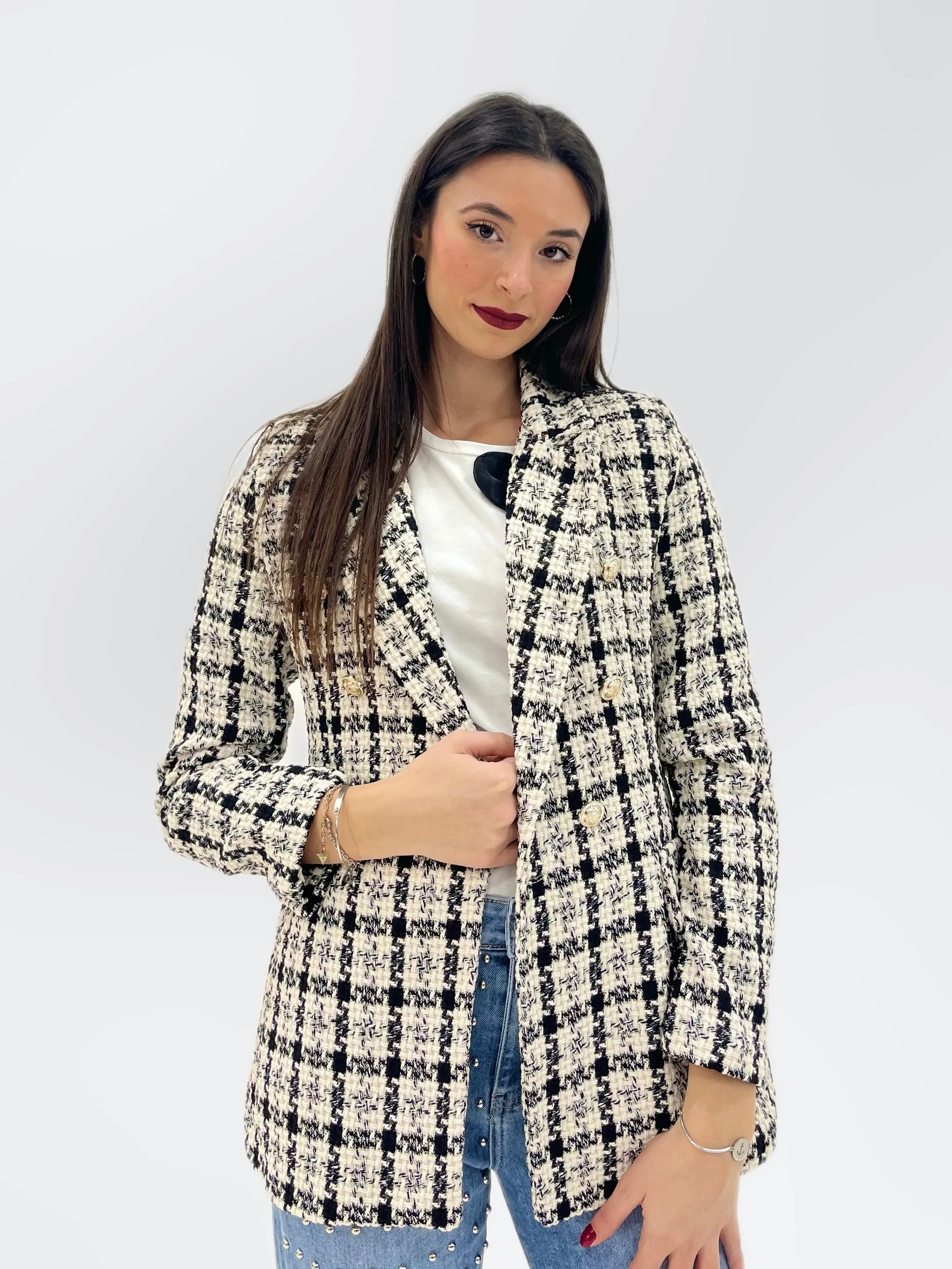 Tweed Jacket with Plaid and Buttons