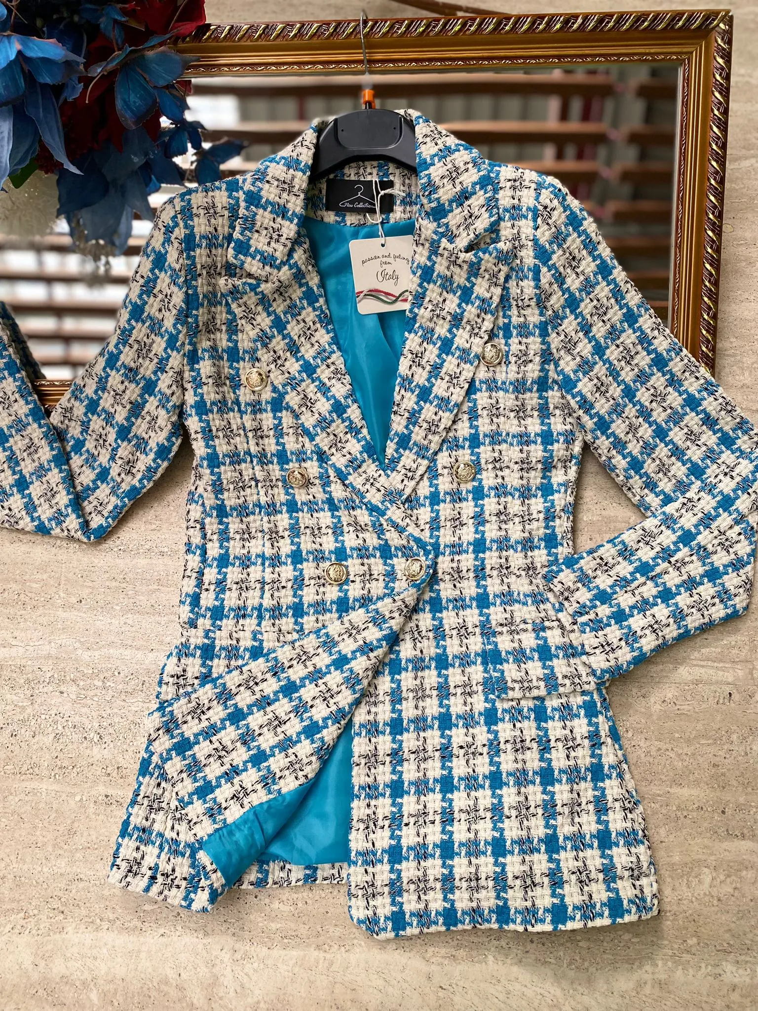 Tweed Jacket with Plaid and Buttons