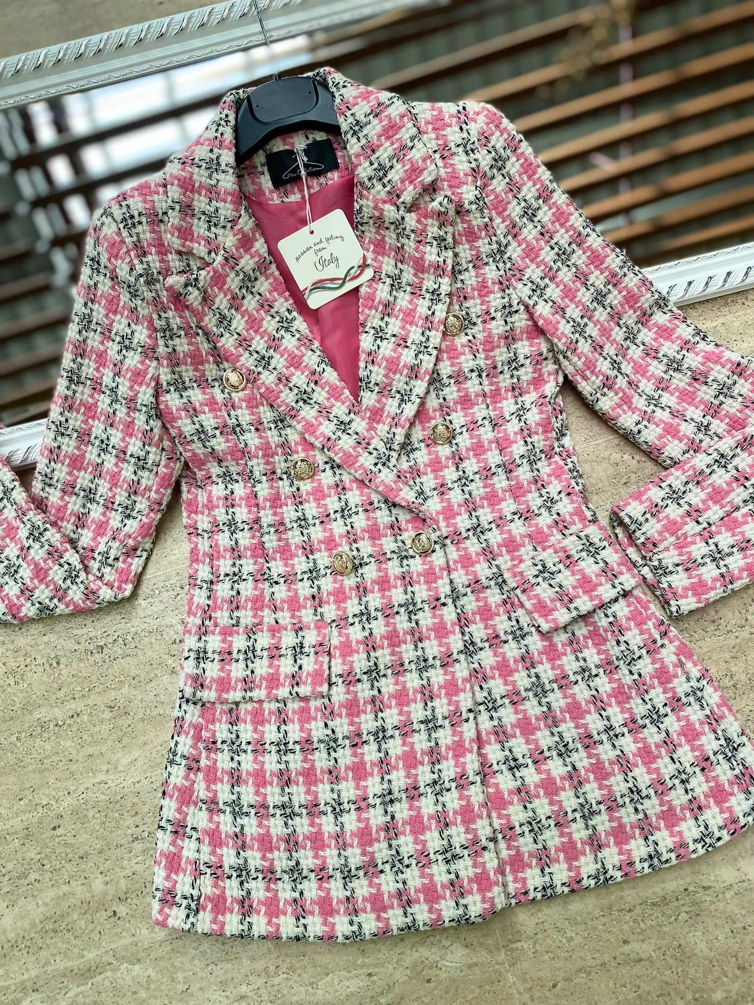 Tweed Jacket with Plaid and Buttons