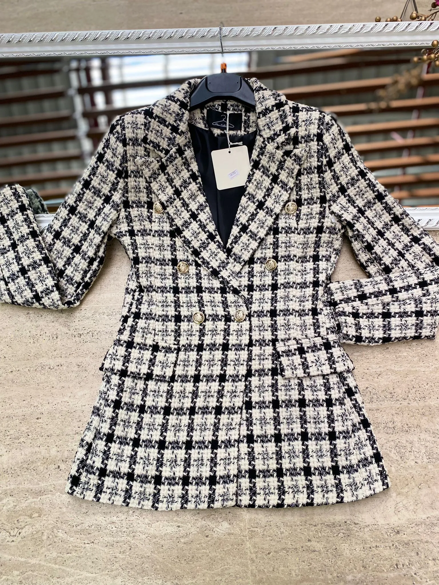 Tweed Jacket with Plaid and Buttons