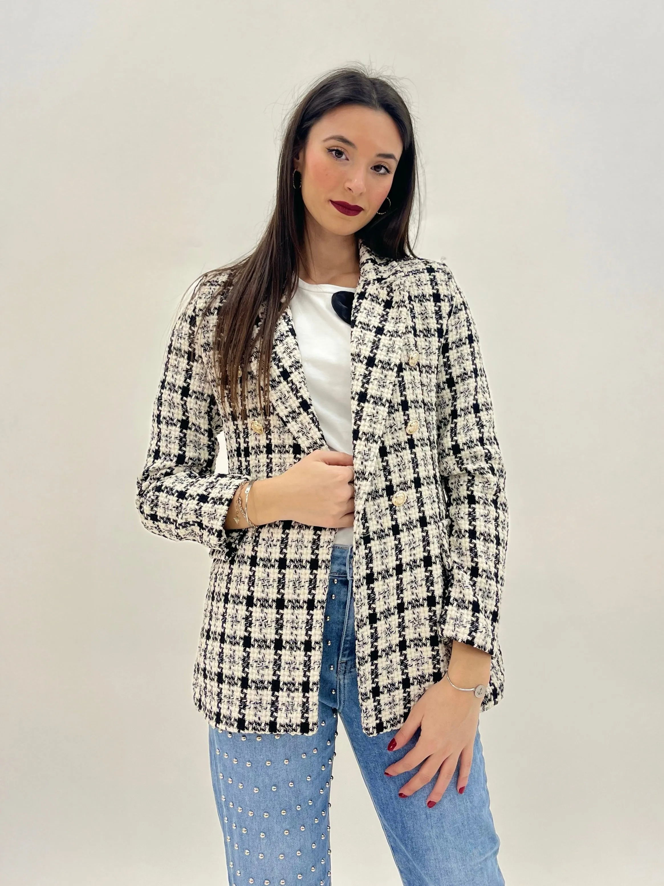 Tweed Jacket with Plaid and Buttons