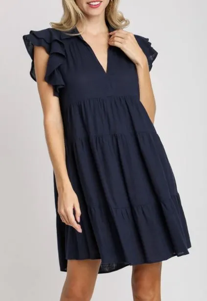 Umgee Navy Ruffle Sleeve Dress