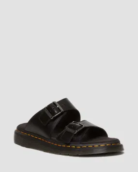 Unisex Black Josef Analine Leather Buckle Slide Sandals