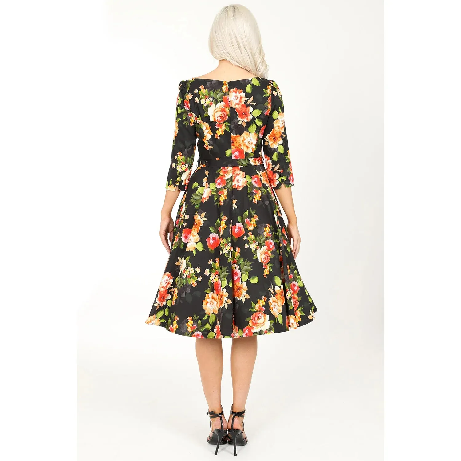 Black Floral Print 50s Tea Dress